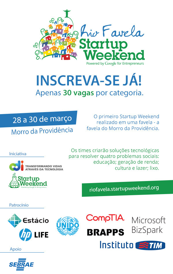 Últimos dias para inscrição: Lance sua ideia e crie um negócio social no Startup Weekend Rio Favela