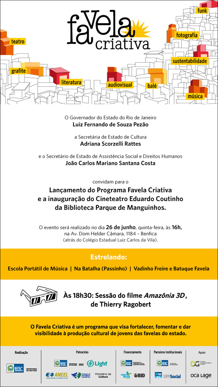 Programa Favela Criativa é lançado, junto com inauguração do Cineteatro Eduardo Coutinho, em Manguinhos